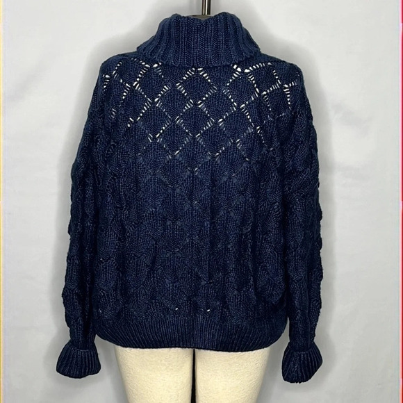 FRNCH Paris Blue Chunky Open Cable Knit Turtleneck Sweater - NEW - Size M/L - Picture 3 of 7